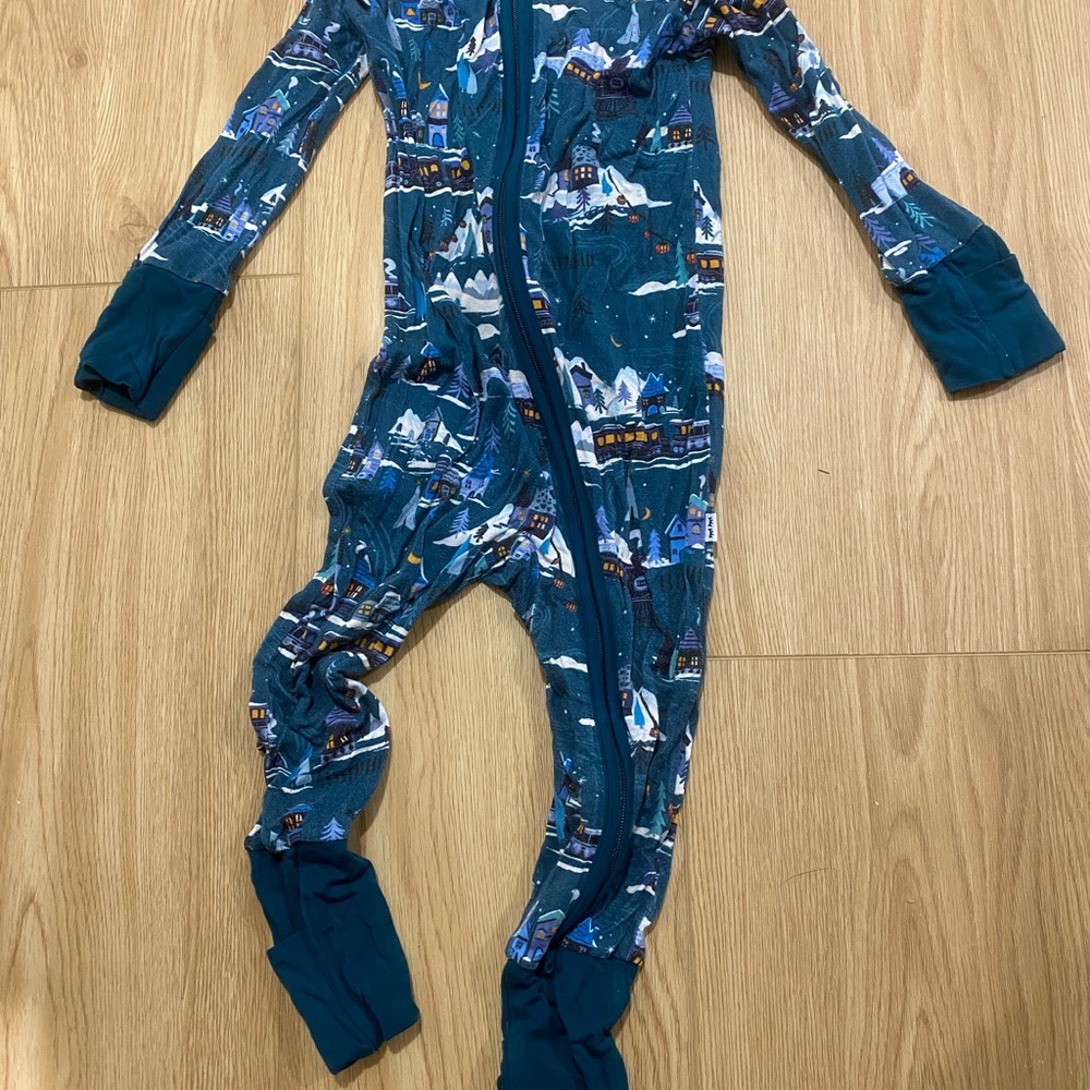 Little Sleepies Blue Winter Village Train Footie